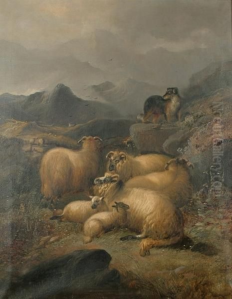 Flock Of Sheep In A Highland Landscape Oil Painting by James Charles Morris