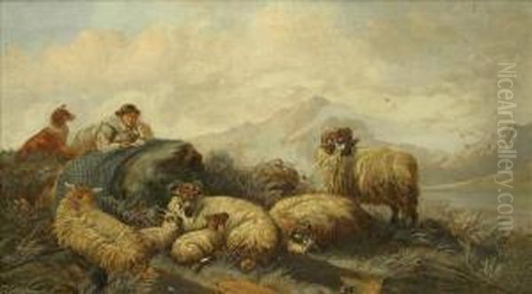 Shepherd And Flock Oil Painting by James W. Morris