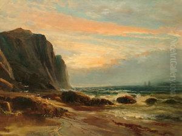 Shipping In A Rocky Coastal Scene Oil Painting by James W. Morris