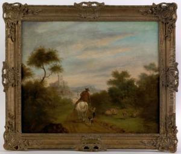 Landscape With Figures And A Castle Oil Painting by J.C. Morris