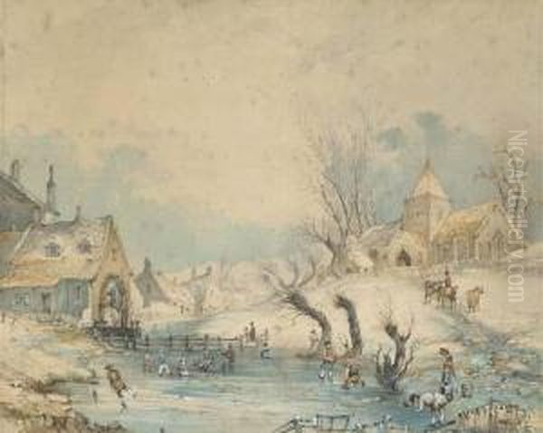 A Frozen Winter Landscape; And Haymaking Oil Painting by William Morris