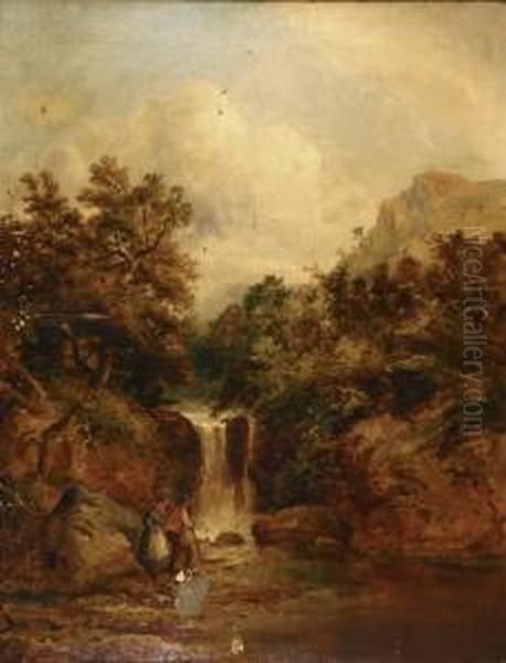 Angler Beside A Waterfall Oil Painting by William Bright Morris