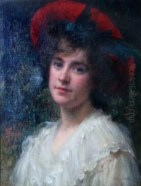 Portrait Of A Girl Wearing A Red Hat Oil Painting by Robert Edward Morrison