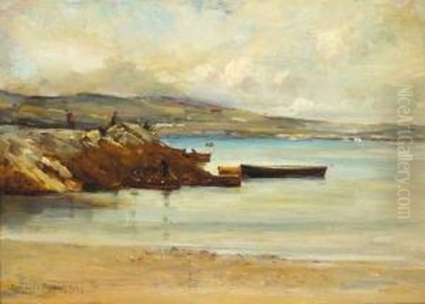 Coastal Scene With Boats And Onlookers Oil Painting by Robert Edward Morrison