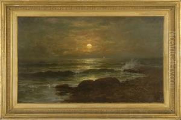 Sunset Seascape With Rocky Shore And Distant Boats Oil Painting by Jonathan Bradley Morse