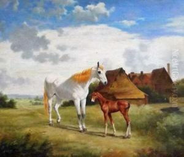 Mare And Foal In A Landscape Oil Painting by Jan Mortel