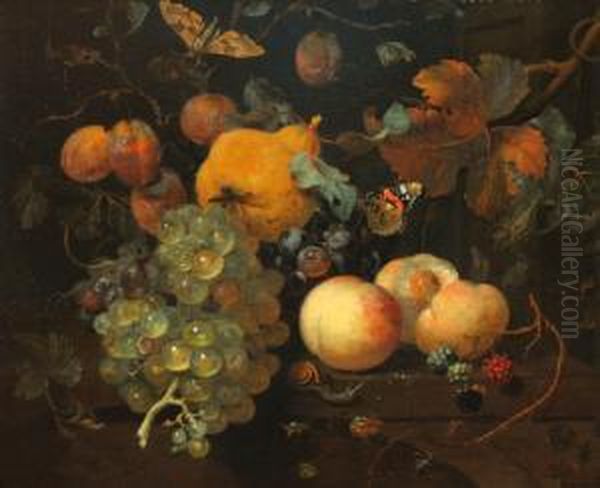 Stillife Withpeaches, Pear, Brambles, Snail And Night-moth On A Table Oil Painting by Jan Mortel