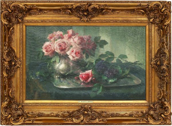 Rosa Rosor Pa En Silverservis Oil Painting by Frans Mortelmans