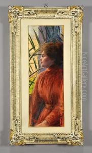 Giovane Donna Con Abito Rosso Oil Painting by Ettore Morteo