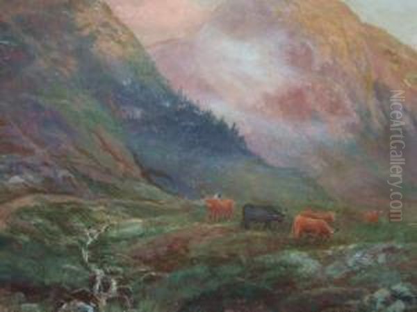 Cattle In A Highland Landscape Oil Painting by Alex Mortimer