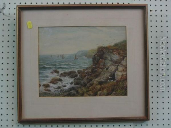 Coastal Scene With Rocky Outcrop And Sailing Boats Oil Painting by Alex Mortimer