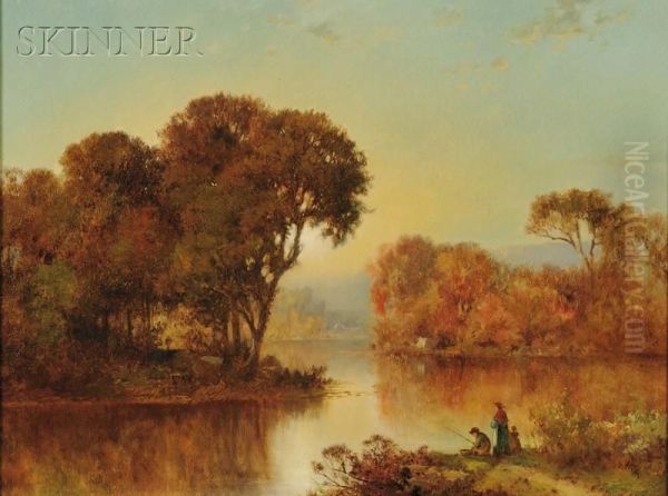 Figures On A River Bank Oil Painting by Joseph Morviller