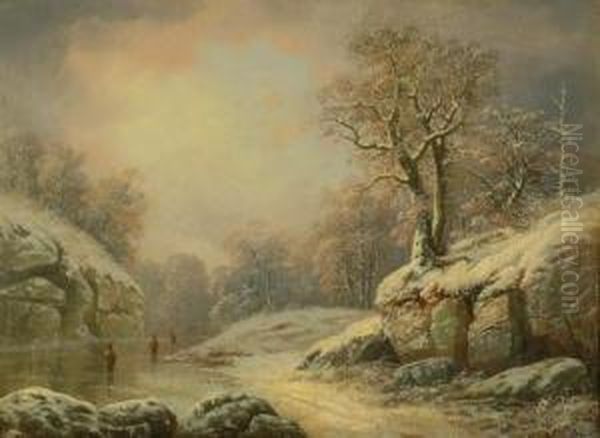 Winter Landscape With Figures Oil Painting by Joseph Morviller