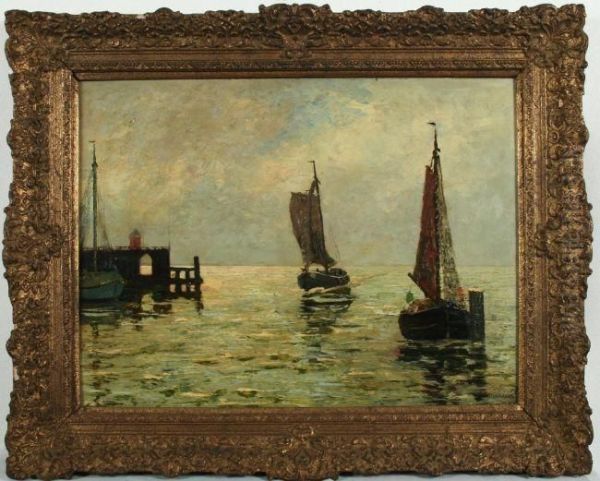 Ankernde Fischerboote Vor Einer Mole Oil Painting by Carl Wilhelm Mosblech