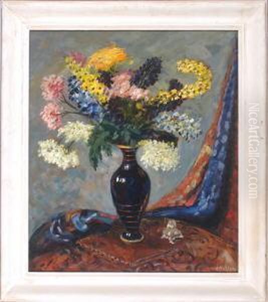 Bunter Blumenstraus In Dunkler Balustervase Auf Einer Draperie Vor Neutralem Hintergrund Oil Painting by Carl Wilhelm Mosblech