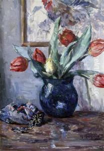 Still Life Of Tulips In A Vase Oil Painting by Margaret Moscheles