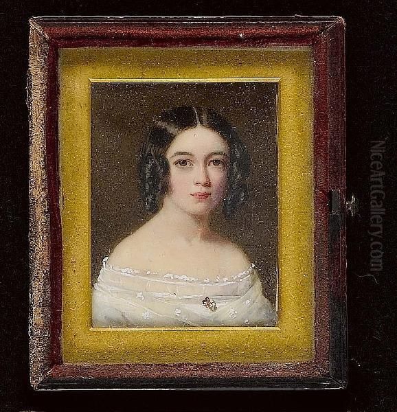 A Young Lady, Wearing A White Dress With Lace Trim And Flowers At Her Corsage, Her Hair In Ringlets. Oil Painting by Maria A. Moseley