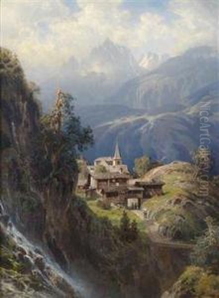 Village In The Berner Alps Oil Painting by Adolf Mosengel