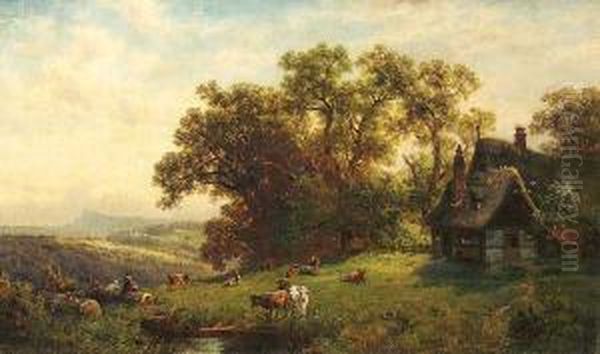 Paisaje Con Personajes Y Vacas Oil Painting by Adolf Mosengel