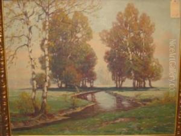 River Scene With Trees Oil Painting by Oswald Moser