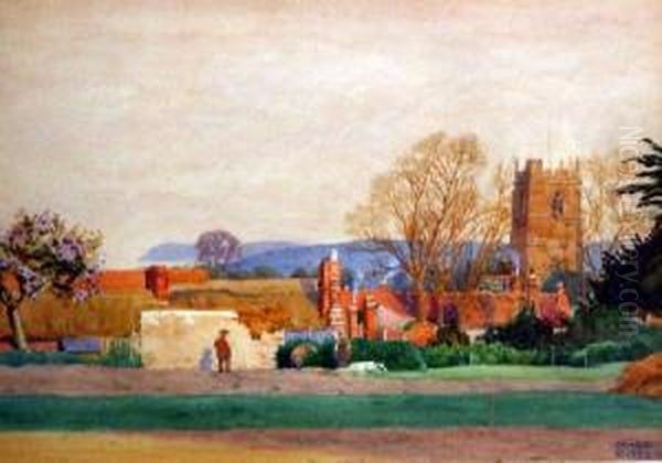 Nearbristol Channel - With Gardeners In Foreground Of The Church Of Stgeorge. Oil Painting by Oswald Moser