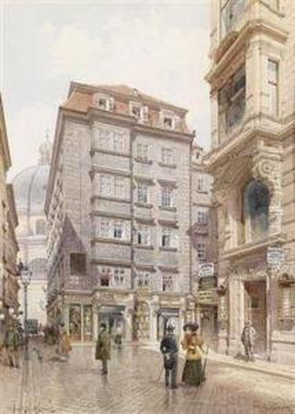 The Textileshop Albert Hardt In Freisingergasse Oil Painting by Richard Moser