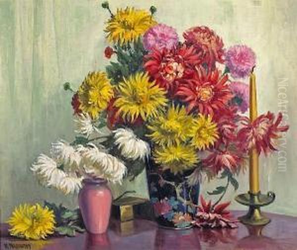 A Bouquet Of Chrysanthemums In A Bluevase Oil Painting by Walter Farrington Moses