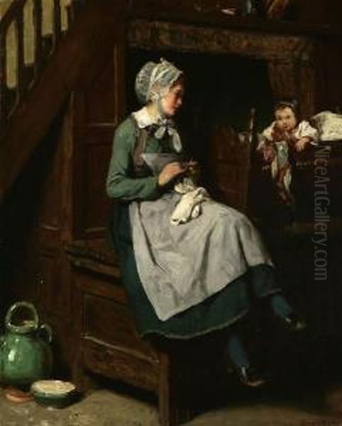 Woman Knitting Near Oil Painting by Henry Mosler