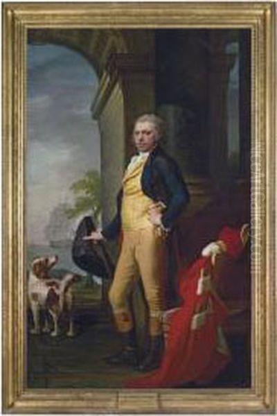 Portrait Of George Hay, 7th Marquess Of Tweeddale (1753-1804), Full-length, In A Blue Coat, A Gold Waistcoat And A White Stock, Holding A Top Hat And A Cane, His Peer's Robes On The Chair Beside Him, With A Hound, A Ship At Sea Beyond Oil Painting by Jean-Laurent Mosnier