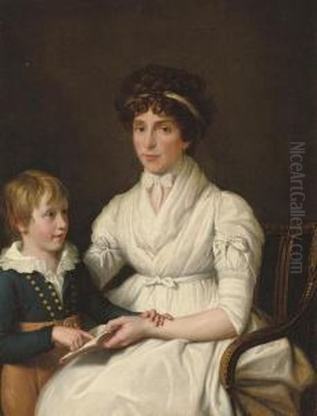 Portrait Of Lady, Seated, Half-length, Reading With Her Son Oil Painting by Jean-Laurent Mosnier