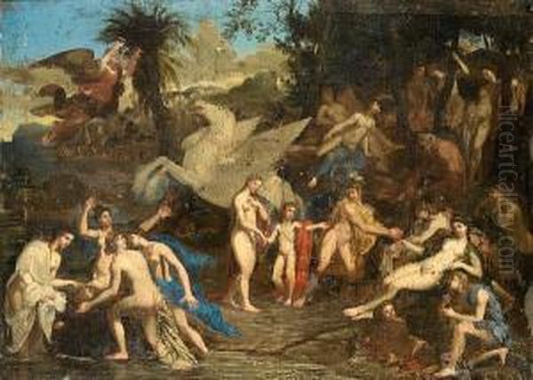 Pegasus Amongst The Muses On Mount Parnassus Oil Painting by Pierre Mosnier