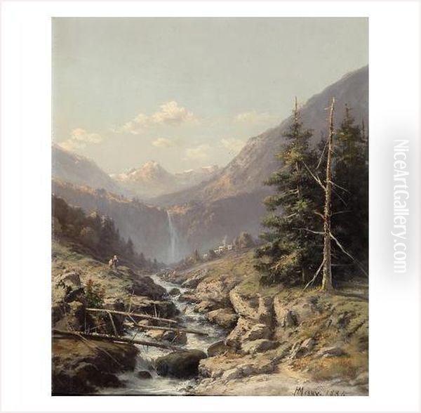 Cascade Et Torrent En Montagne Oil Painting by Henry Mosny