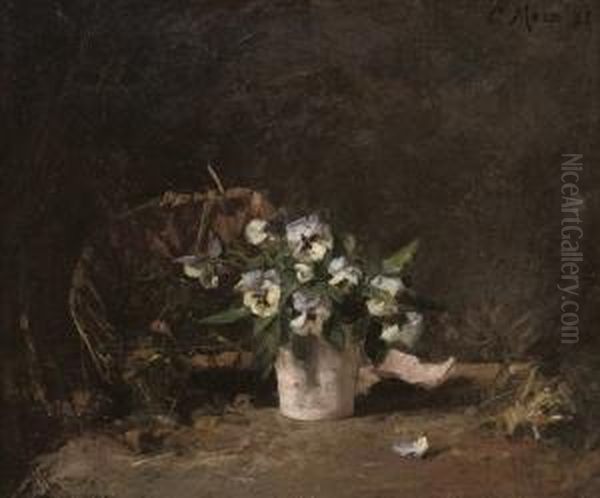 A Pot Of Pansies By A Basket Oil Painting by Charles Eugene Moss