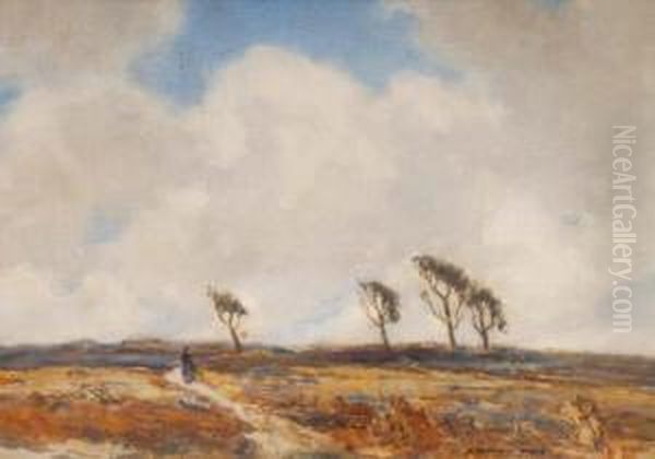 Lone Figure Crossing Moorland, Pinetrees In The Distance Oil Painting by Sidney Dennant Moss