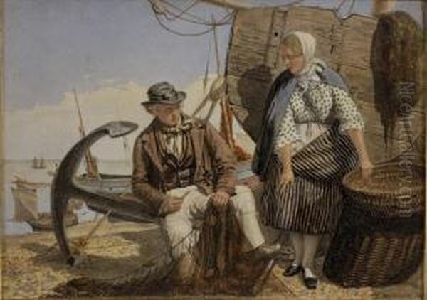 Couple De Pecheurs Remaillant Le Filet Aquarelle Signee En Bas A Droite Et Datee 1867 Oil Painting by David Mossman