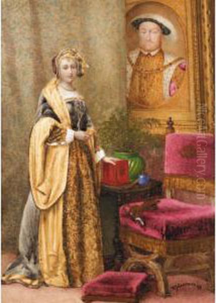 Anne Boleyn Standing Beside A Portrait Of Henry Viii Oil Painting by David Mossman