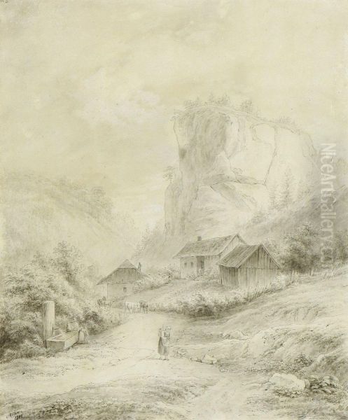 Bauernhauser In Gebirgslandschaft. Oil Painting by Joseph Mossmer