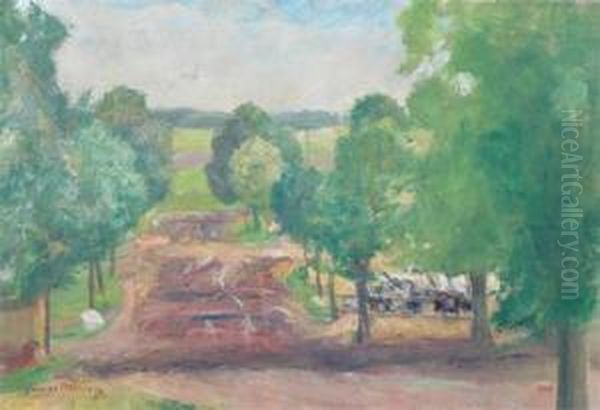 Landscape Road With Cattle Amidst The Trees Oil Painting by Georges Mosson