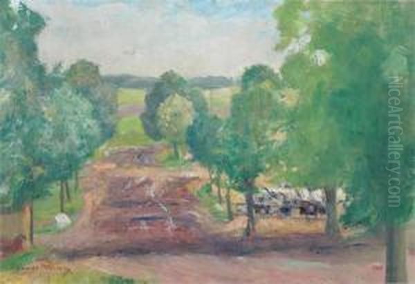 Landscape With Road, Cattle And Trees. Oil Painting by Georges Mosson