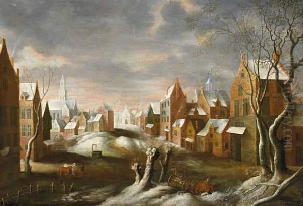 Village Landscape In Winter Oil Painting by Gillis Mostaert