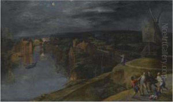 A Nocturnal River Landscape With Brigands Mugging A Passer-bynear A Windmill Oil Painting by Gillis Mostaert