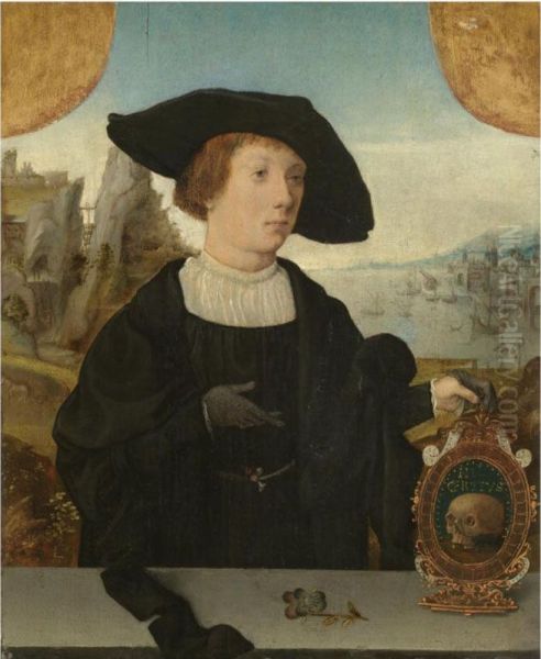 Portrait Of A Young Man, Behind A Ledge, With A Landscape Beyond,in A Black Hat, Holding A 
Memento Mori Oil Painting by Jan Mostaert