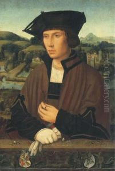 Portrait D'un Gentilhomme En Buste Tenant Une Fleur Oil Painting by Jan Mostaert