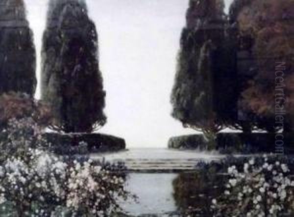 Floral Garden With Lake Oil Painting by Thomas E. Mostyn