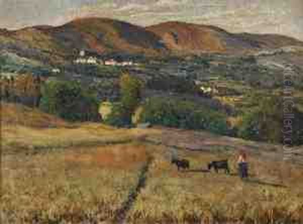 Vista De Serra Com Figuras E Cabras Oil Painting by Jose Mota