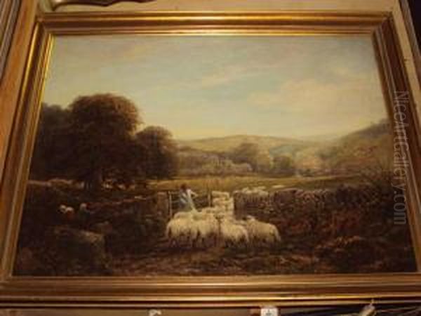 Shepherd And Flock By A Gateway Oil Painting by George William Mote