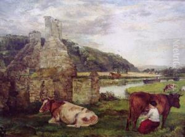 Milking Scene Oil Painting by George William Mote