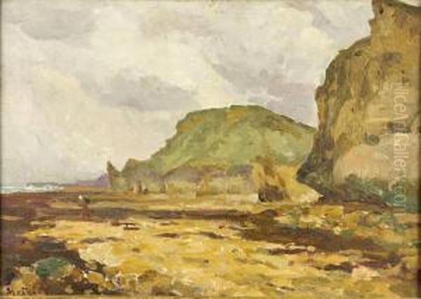 Pecheurs Au Pied Des Falaises Huile Sur Toile Marouflee Sur Carton Oil Painting by Georges Moteley