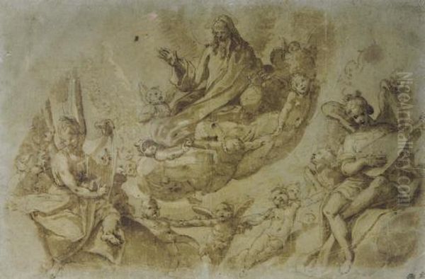 God The Father Surrounded By Angels And Cherubim Oil Painting by Raffaello Motta