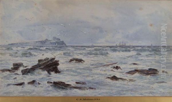 Coastal Rocks With Seagulls And Shipping In The Distance Oil Painting by Charles Mottram